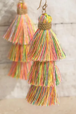 Three-Tier Tassel Earrings in Neon Coral Multi