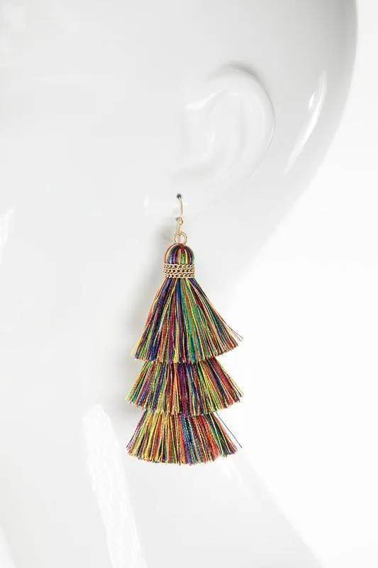 Three-Tier Tassel Earrings in Neon Coral Multi