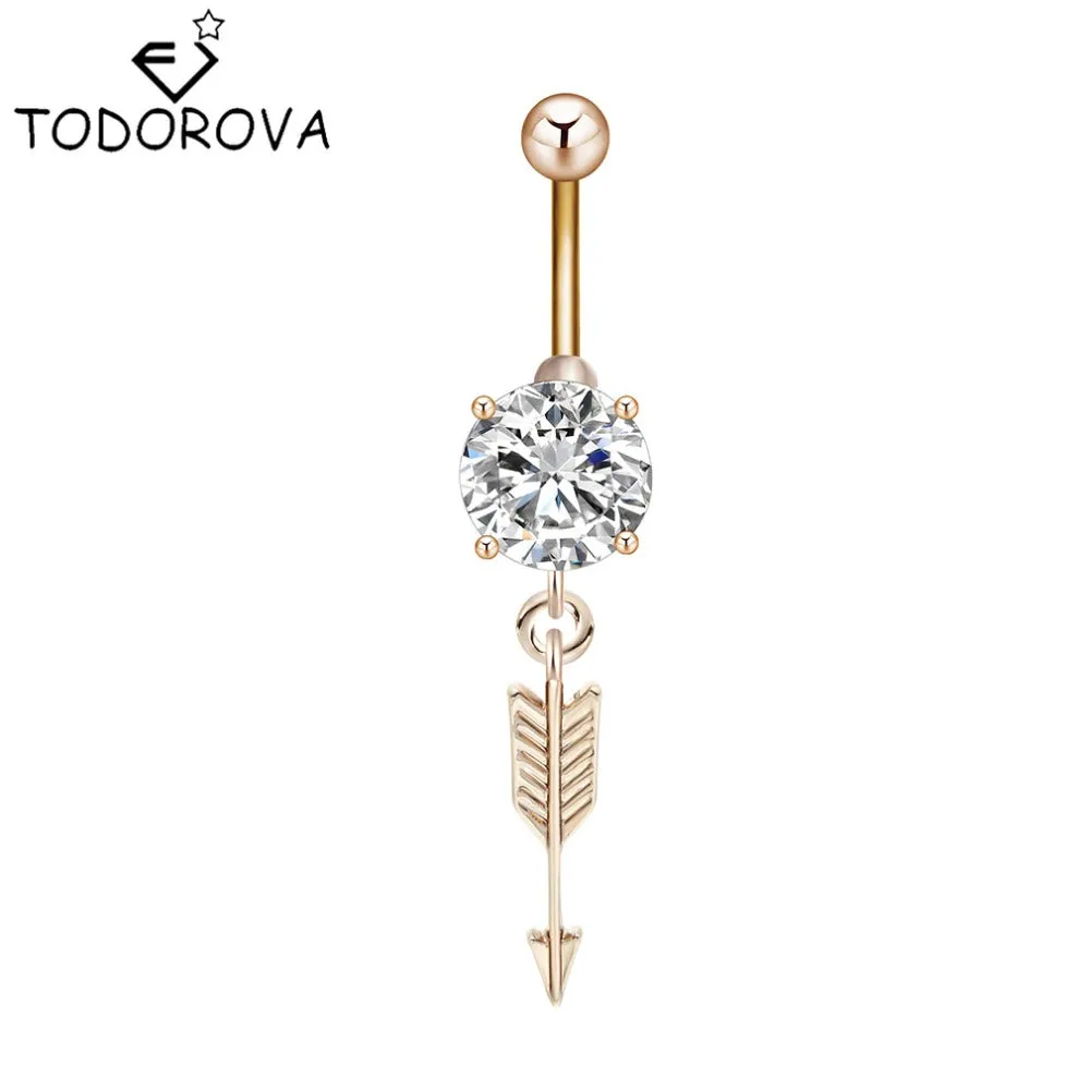 Todorova Chic Arrow CZ Piercings Jewelry Women Sexy Belly Button Ring Long Dangle Clear Navel Bar Gold Silver Body Jewelry