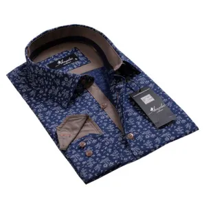 Tropical Navy Blue Mens Slim Fit Designer Dress Shirt - tailored Cotton Shirts for Work and Casual