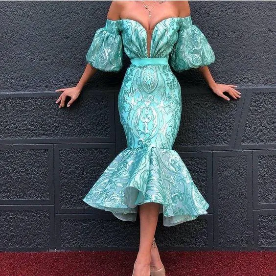 turquoise blue evening dresses short 2020 tea length sequin appliqué off the shoulder luxury evening gowns
