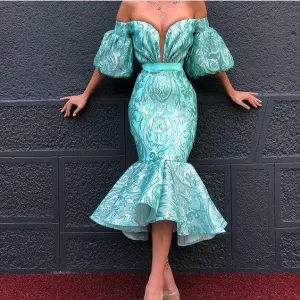 turquoise blue evening dresses short 2020 tea length sequin appliqué off the shoulder luxury evening gowns