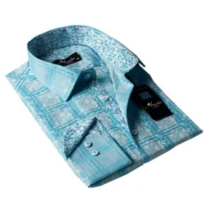 Turquoise Check Blue Floral Mens Slim Fit Designer Dress Shirt - tailored Cotton Shirts for Work and