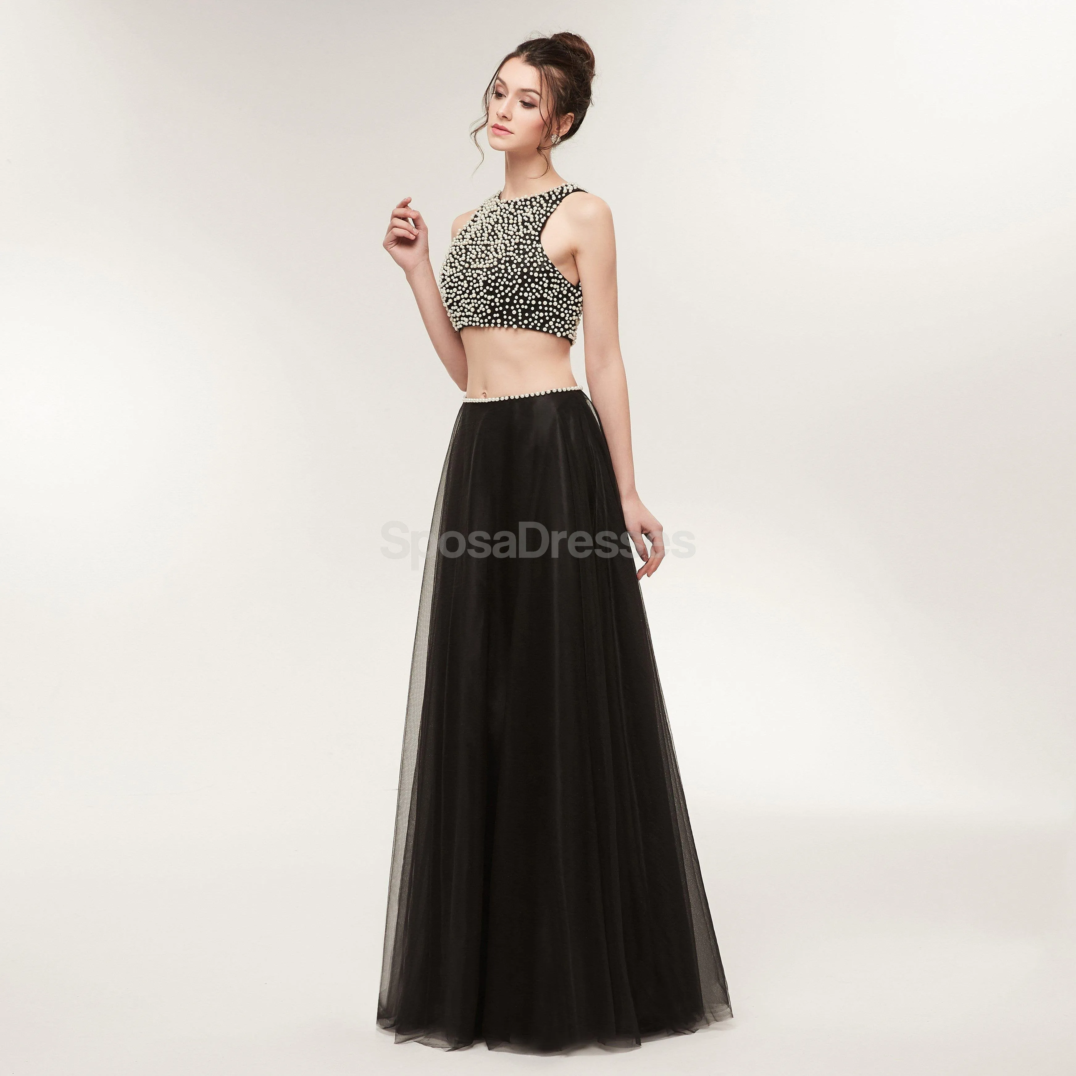 Two Pieces Black Tulle Evening Prom Dresses, Evening Party Prom Dresses, 12023