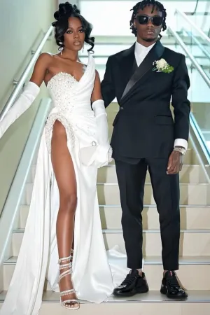 Unique Neckline Ivory Mermaid Beaded High Split Prom Dresses