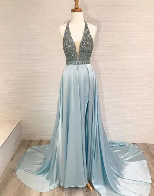 V neck Beaded Jeweled Blue Long Prom/Evening Dress