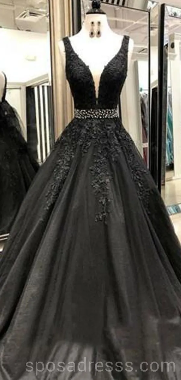 V-neck Black Lace Beaded A-line Long Evening Prom Dresses, Cheap Custom Sweet 16 Dresses, 18553