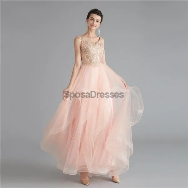 V Neck Peach A-line Gold Bodice Evening Prom Dresses, Evening Party Prom Dresses, 12120