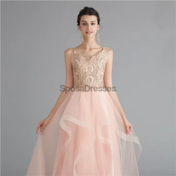 V Neck Peach A-line Gold Bodice Evening Prom Dresses, Evening Party Prom Dresses, 12120