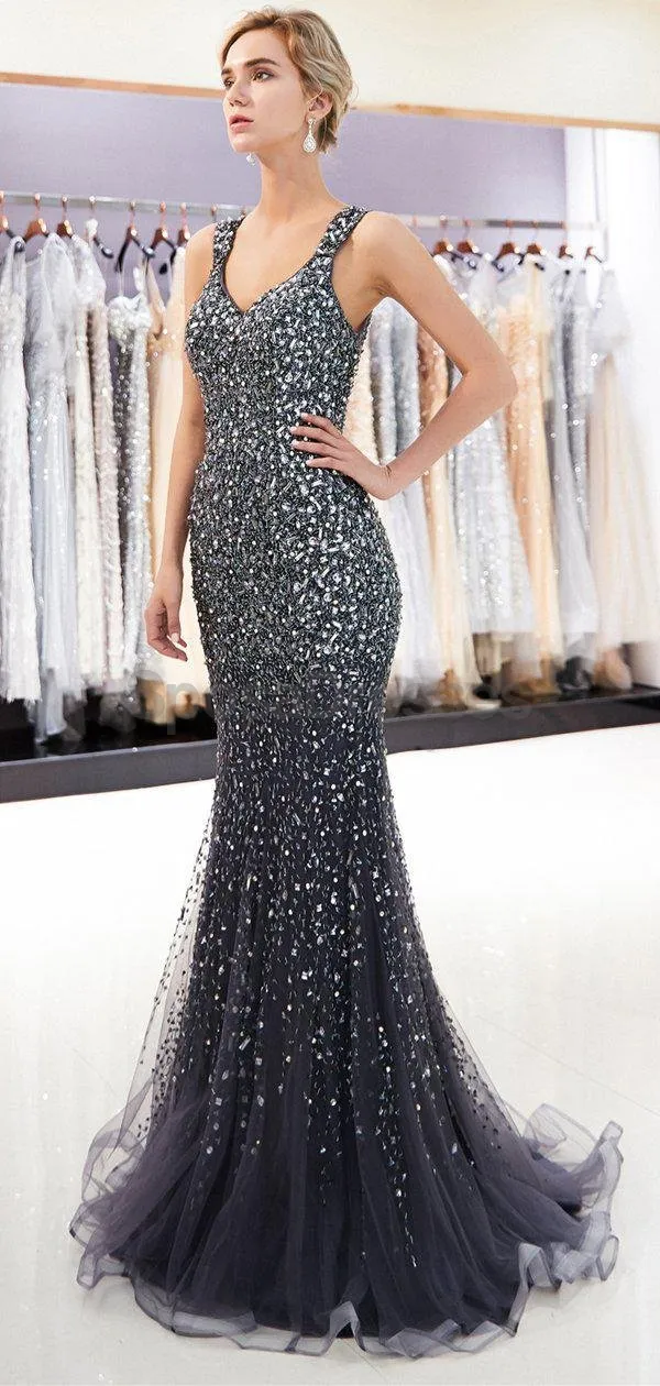 V Neck Sparkly Navy Rhinestone Beaded Mermaid Evening Prom Dresses, Evening Party Prom Dresses, 12037