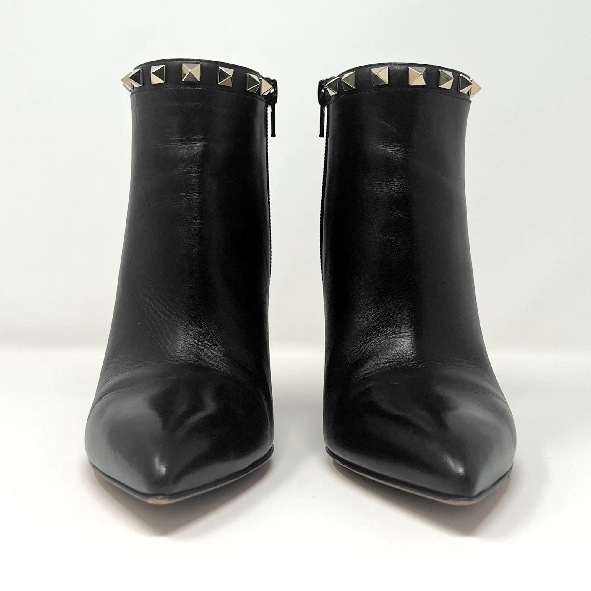 Valentino Garavani Rockstud Black Leather Studded Pointed Block Heel Ankle Boots Size EU 37.5