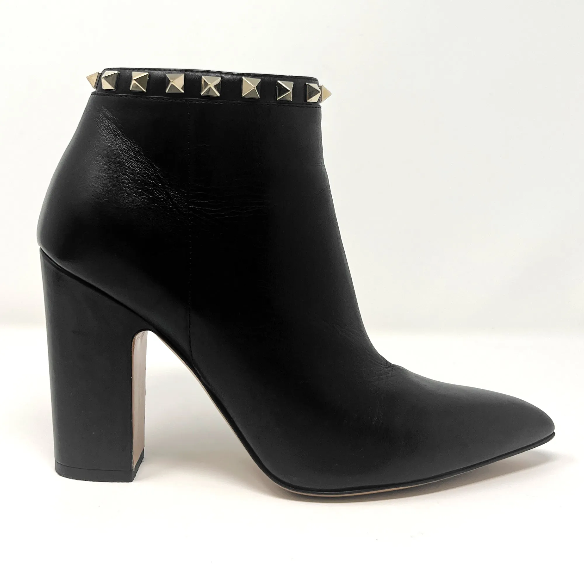Valentino Garavani Rockstud Black Leather Studded Pointed Block Heel Ankle Boots Size EU 37.5