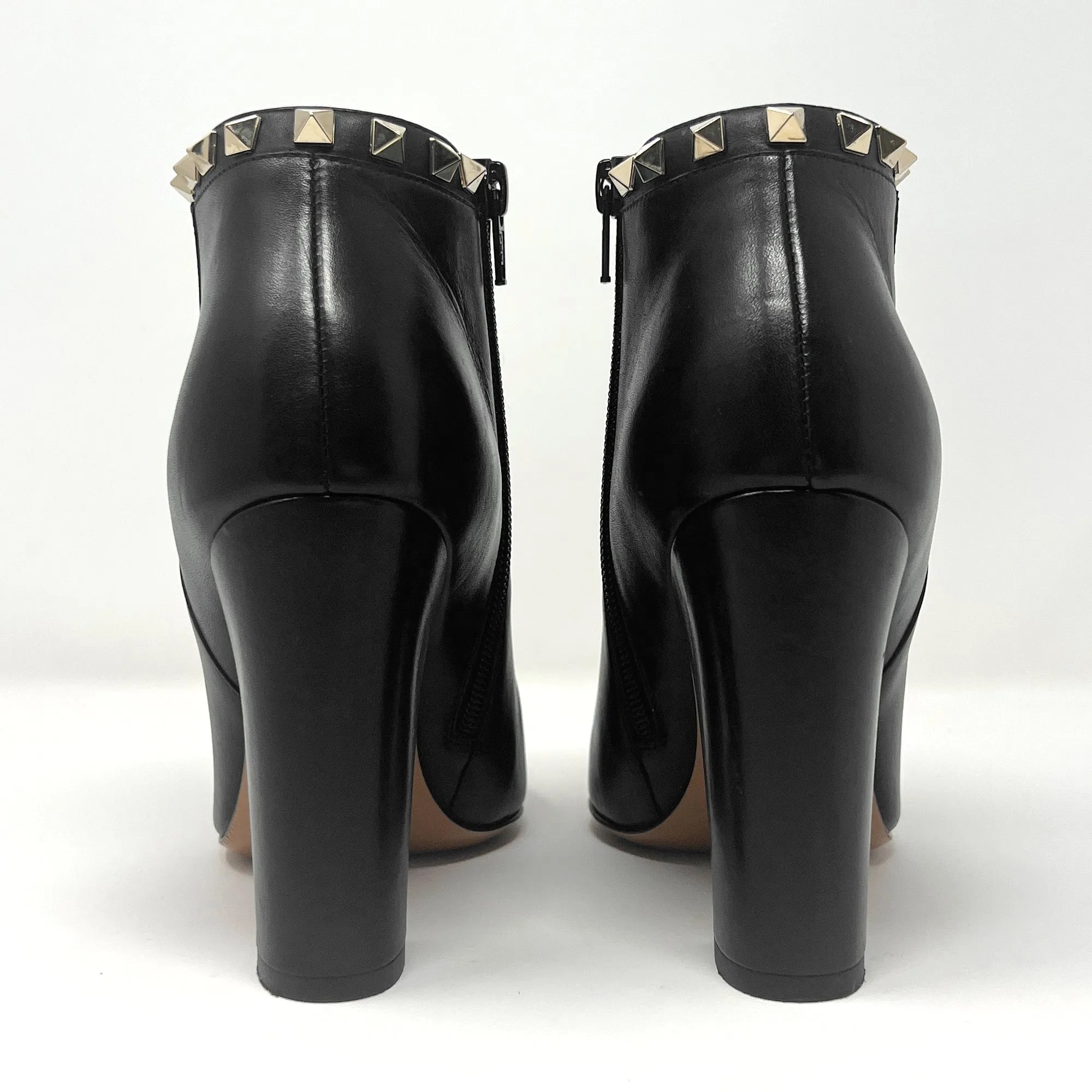 Valentino Garavani Rockstud Black Leather Studded Pointed Block Heel Ankle Boots Size EU 37.5