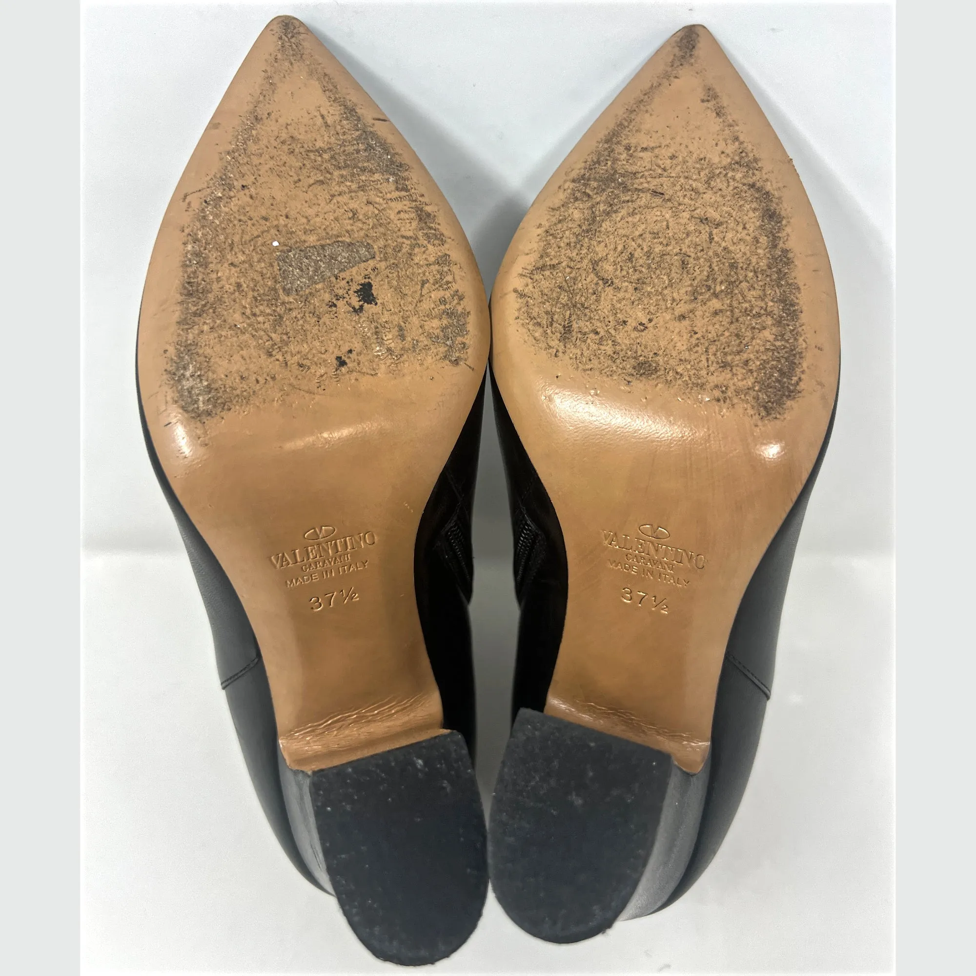 Valentino Garavani Rockstud Black Leather Studded Pointed Block Heel Ankle Boots Size EU 37.5