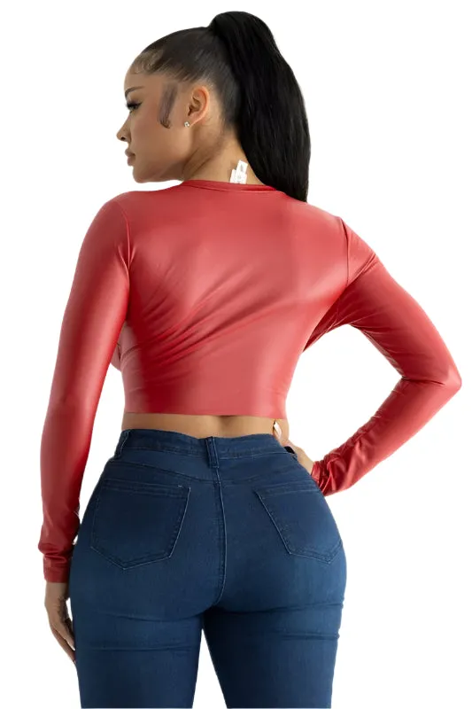 Vegan Leather Front Tie Wrap Top
