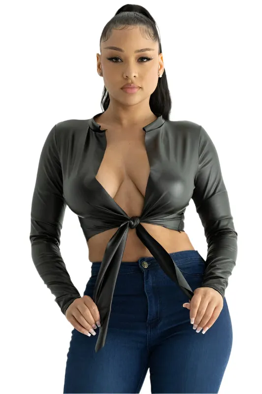 Vegan Leather Front Tie Wrap Top