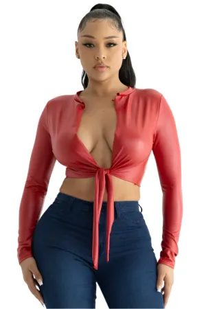 Vegan Leather Front Tie Wrap Top