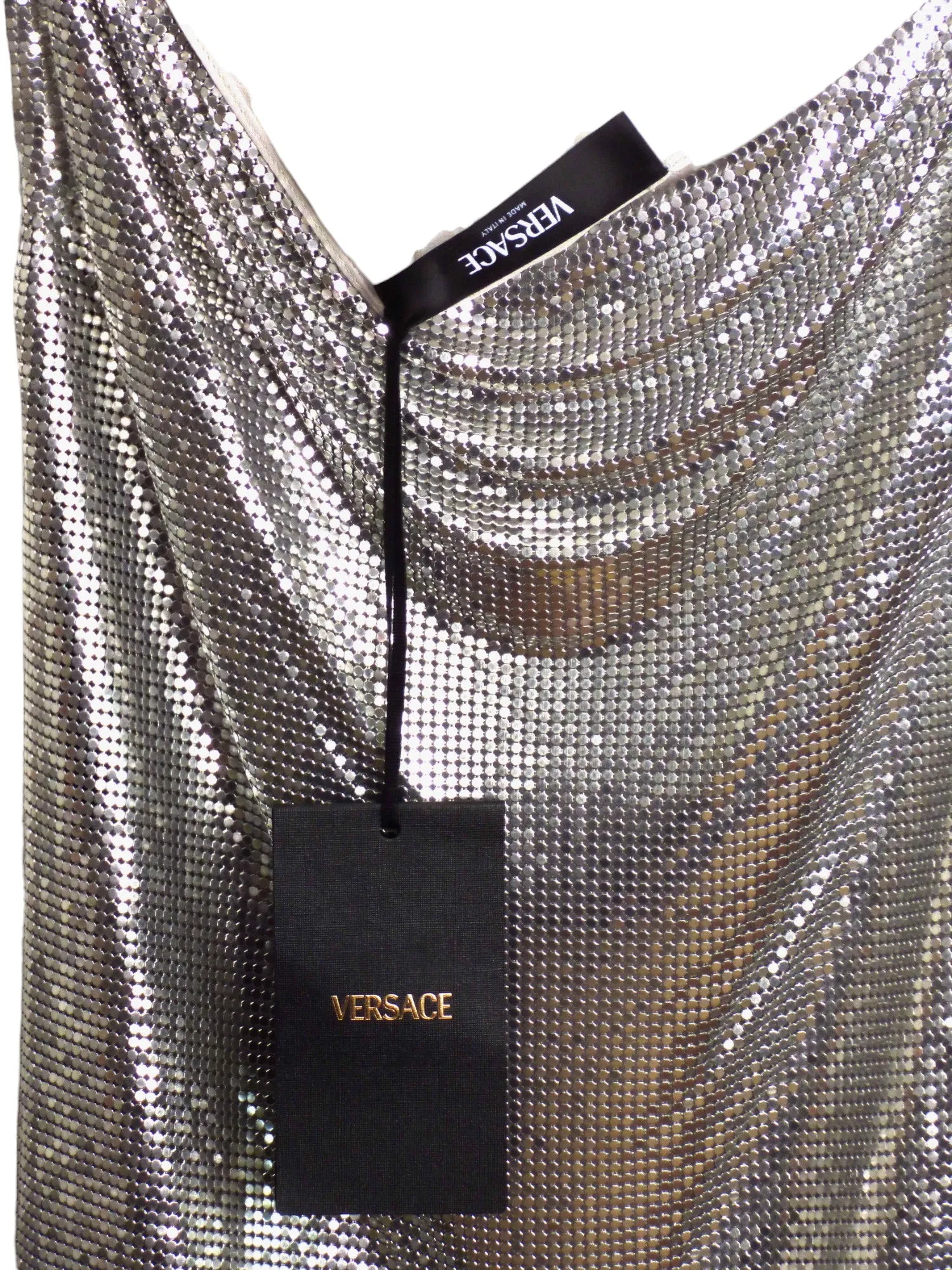 VERSACE- NWT 2024 Silver Metal Mesh Slip Dress, Size 8