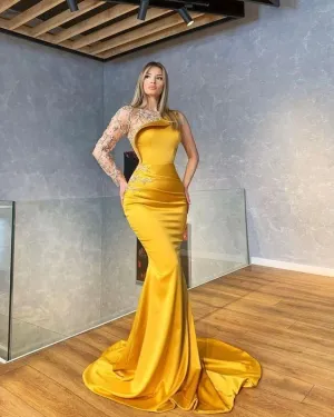 vestidos formals elegant yellow evening dresses long sleeve mermaid modest lace applique evening gown