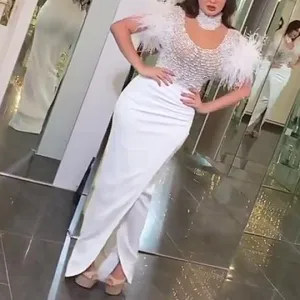 vestidos white evening dresses feather high neck mermaid arabic dubai formal evening gown