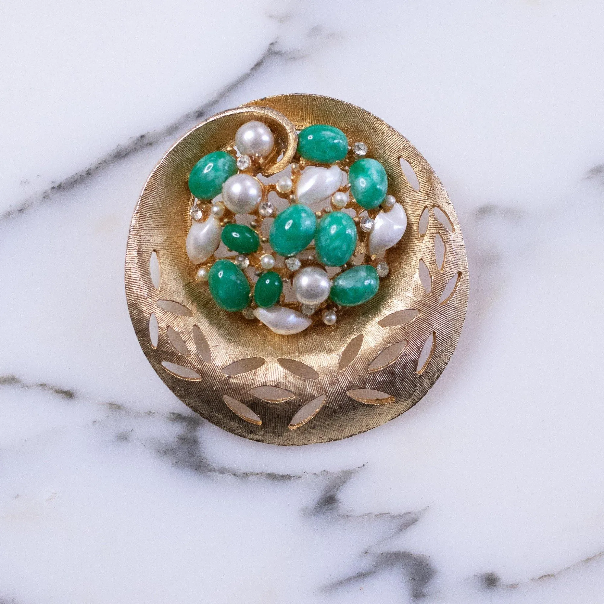 Vintage BSK Jade Lucite and Faux Pearl Medallion Brooch