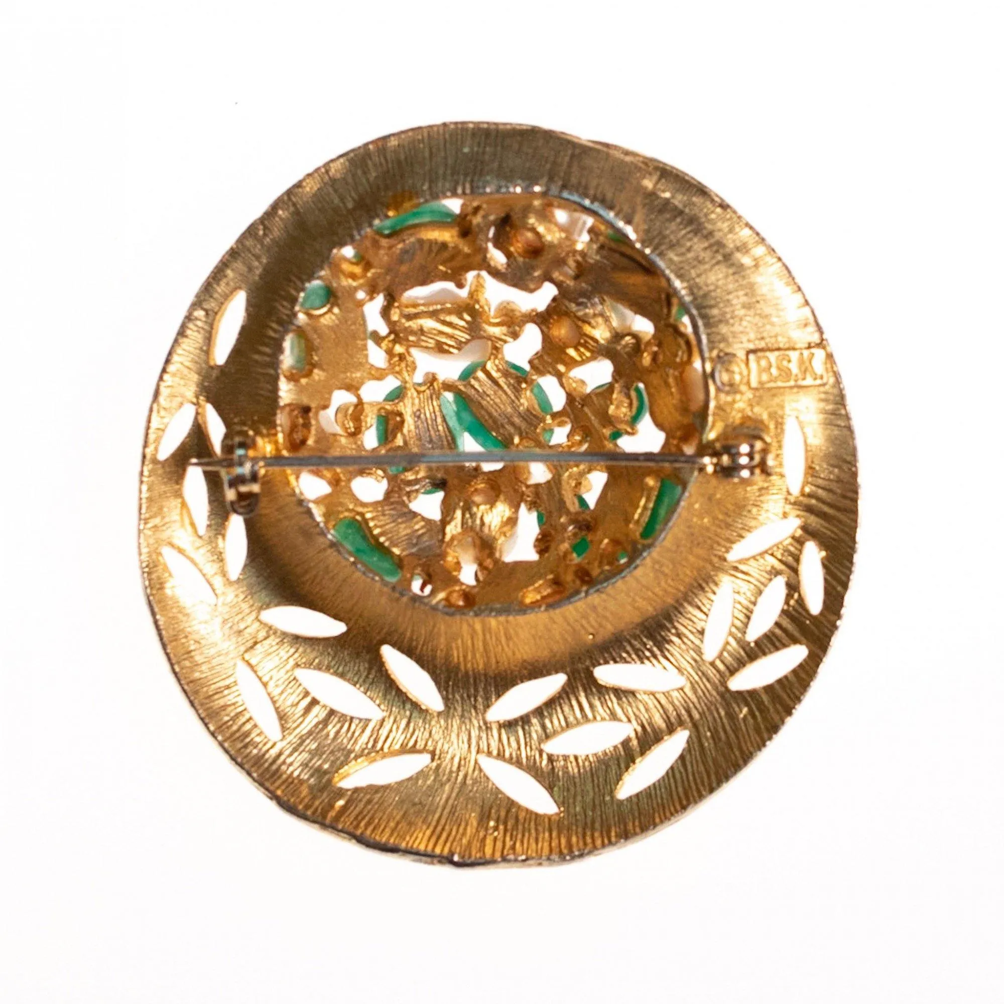 Vintage BSK Jade Lucite and Faux Pearl Medallion Brooch