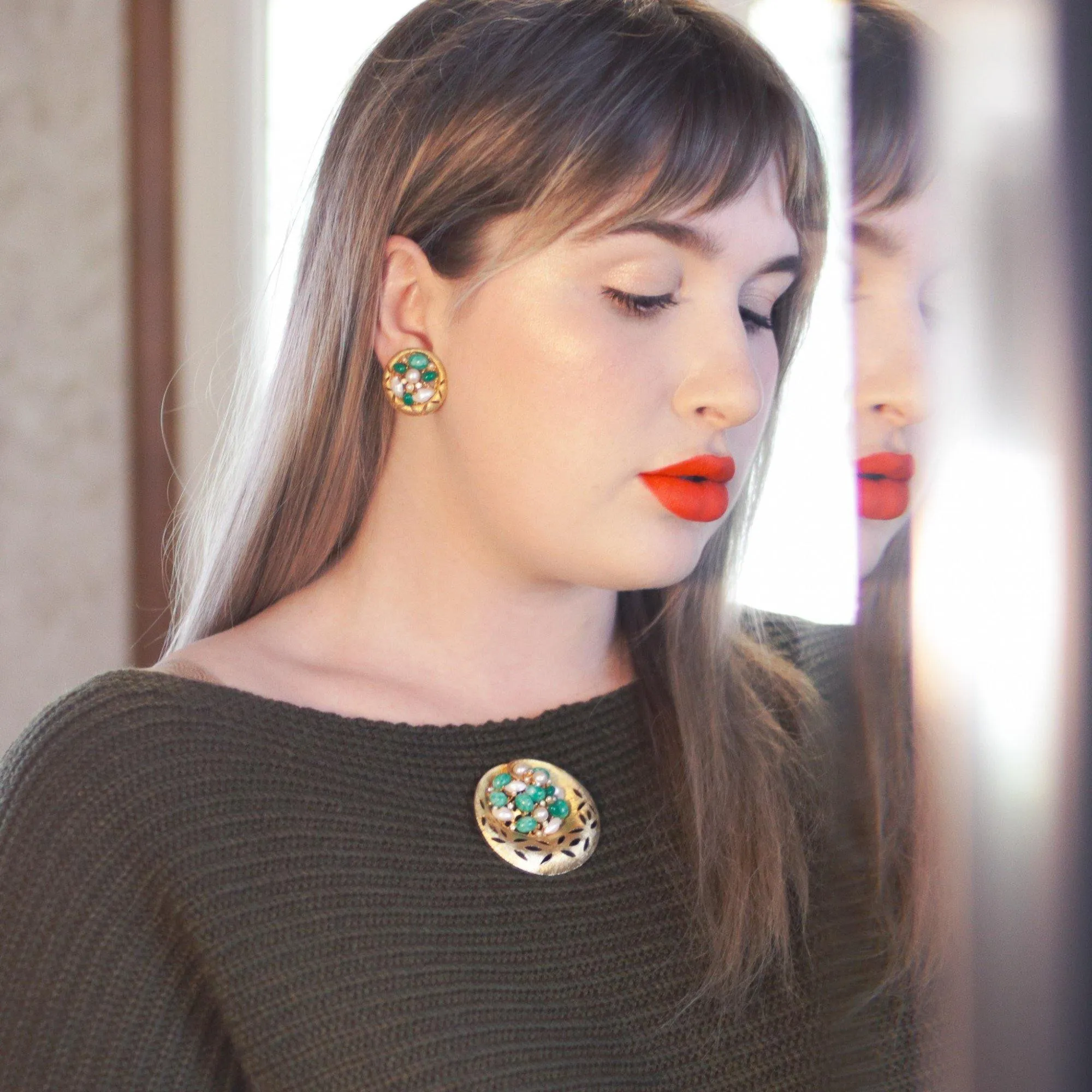 Vintage BSK Jade Lucite and Faux Pearl Medallion Brooch