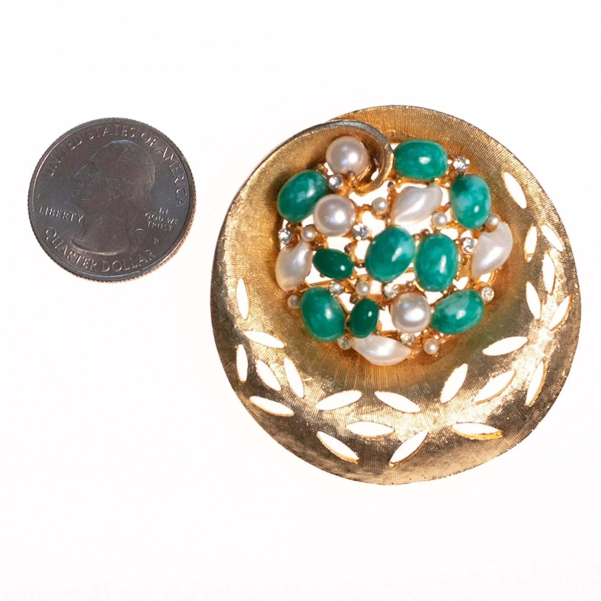 Vintage BSK Jade Lucite and Faux Pearl Medallion Brooch