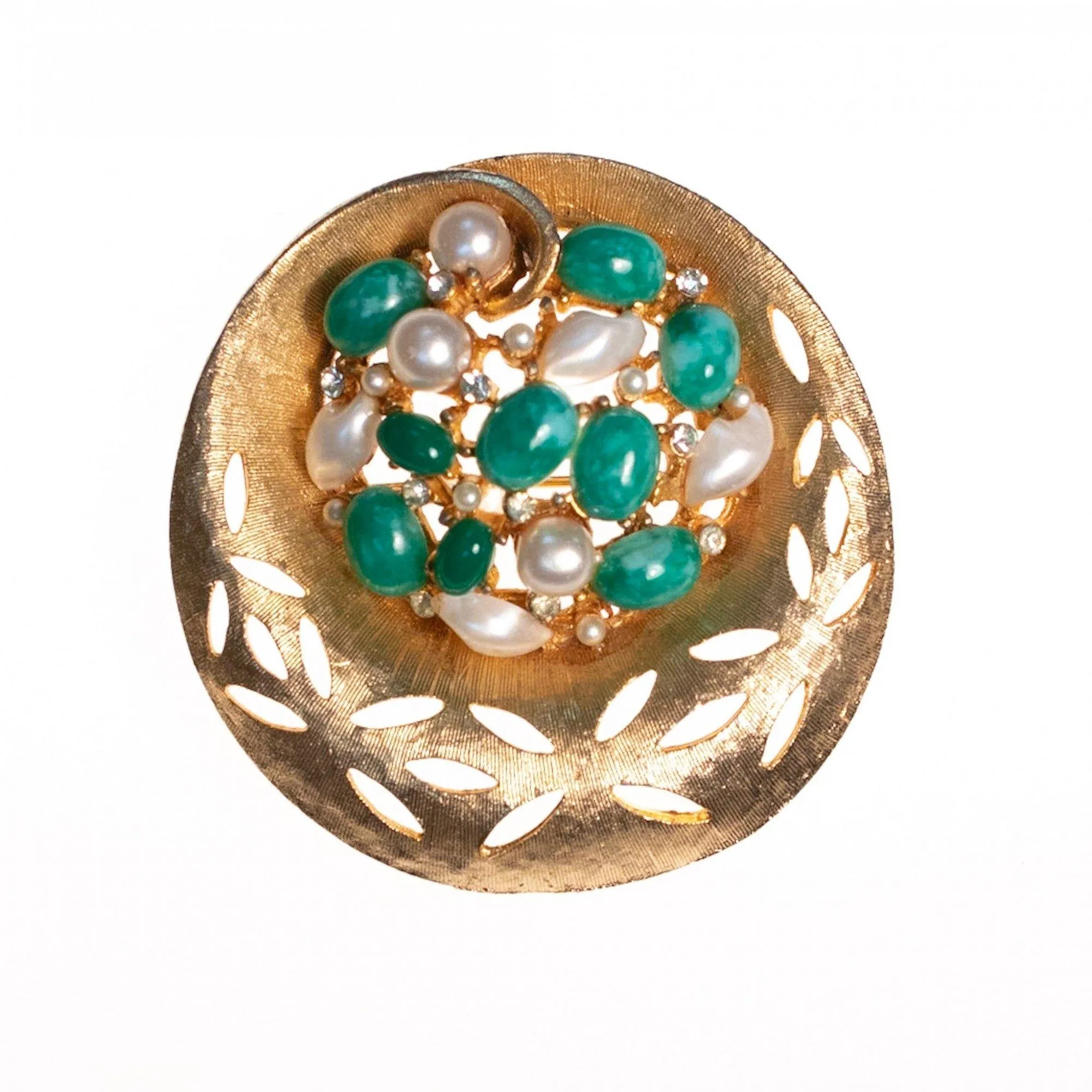 Vintage BSK Jade Lucite and Faux Pearl Medallion Brooch