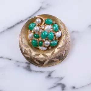Vintage BSK Jade Lucite and Faux Pearl Medallion Brooch