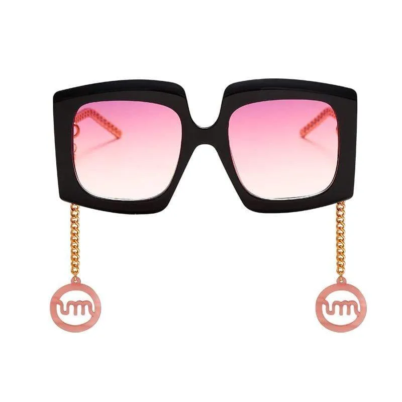 Vintage Sqaure Sunglasses Big Oversize Shades Classic Glasses Gold Chain Acetate