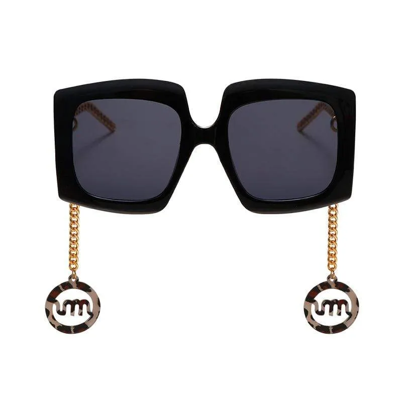 Vintage Sqaure Sunglasses Big Oversize Shades Classic Glasses Gold Chain Acetate