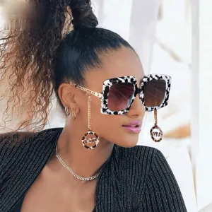 Vintage Sqaure Sunglasses Big Oversize Shades Classic Glasses Gold Chain Acetate