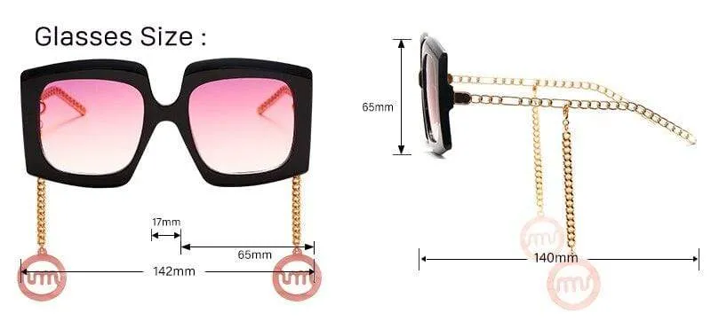 Vintage Sqaure Sunglasses Big Oversize Shades Classic Glasses Gold Chain Acetate