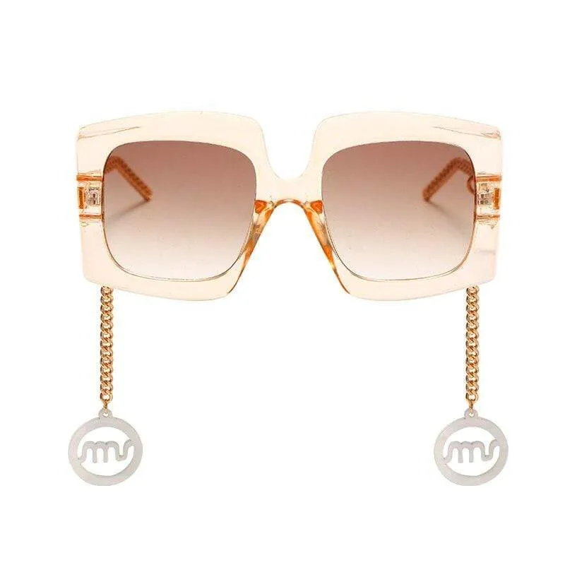 Vintage Sqaure Sunglasses Big Oversize Shades Classic Glasses Gold Chain Acetate