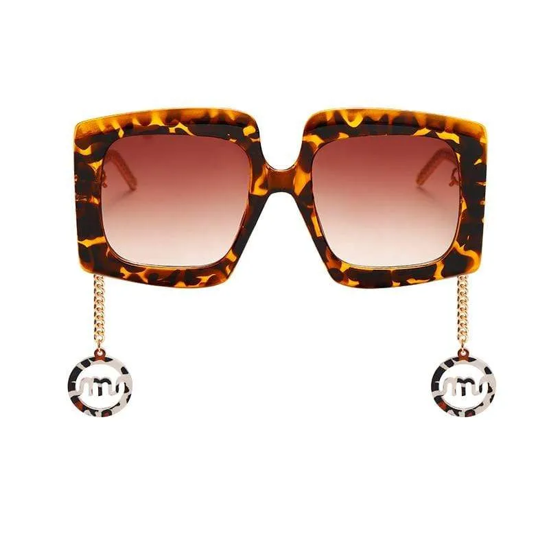 Vintage Sqaure Sunglasses Big Oversize Shades Classic Glasses Gold Chain Acetate