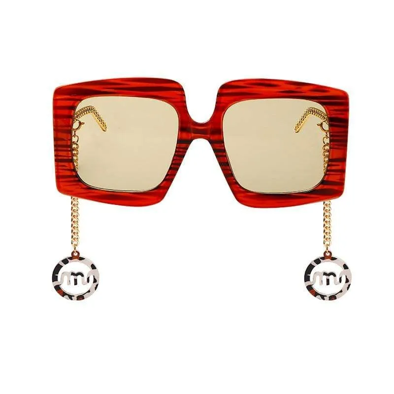 Vintage Sqaure Sunglasses Big Oversize Shades Classic Glasses Gold Chain Acetate