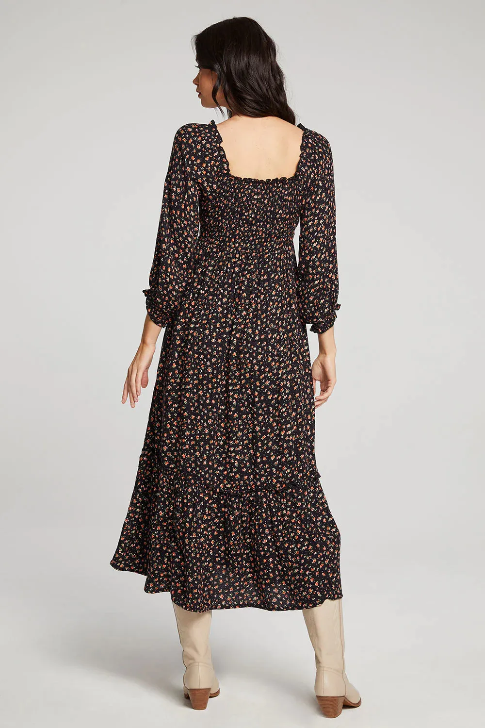 VYE BLACK FLORAL MIDI DRESS