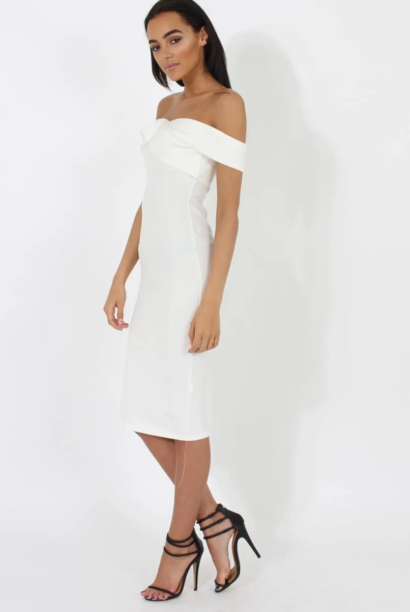 White Bardot Cross Over Detail Midi Dress- China