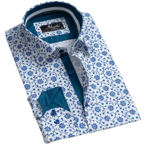 White Blue Floral Mens Slim Fit Designer Dress Shirt - tailored Cotton Shirts for Work and Casual