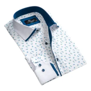 White Blue Floral Mens Slim Fit Designer Dress Shirt - tailored Cotton Shirts for Work and Casual