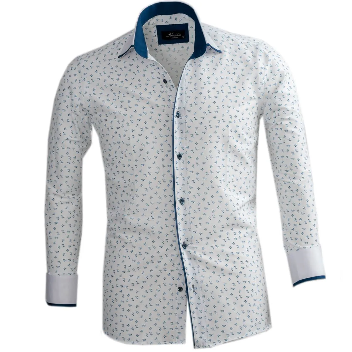 White Blue Floral Mens Slim Fit Designer Dress Shirt - tailored Cotton Shirts for Work and Casual