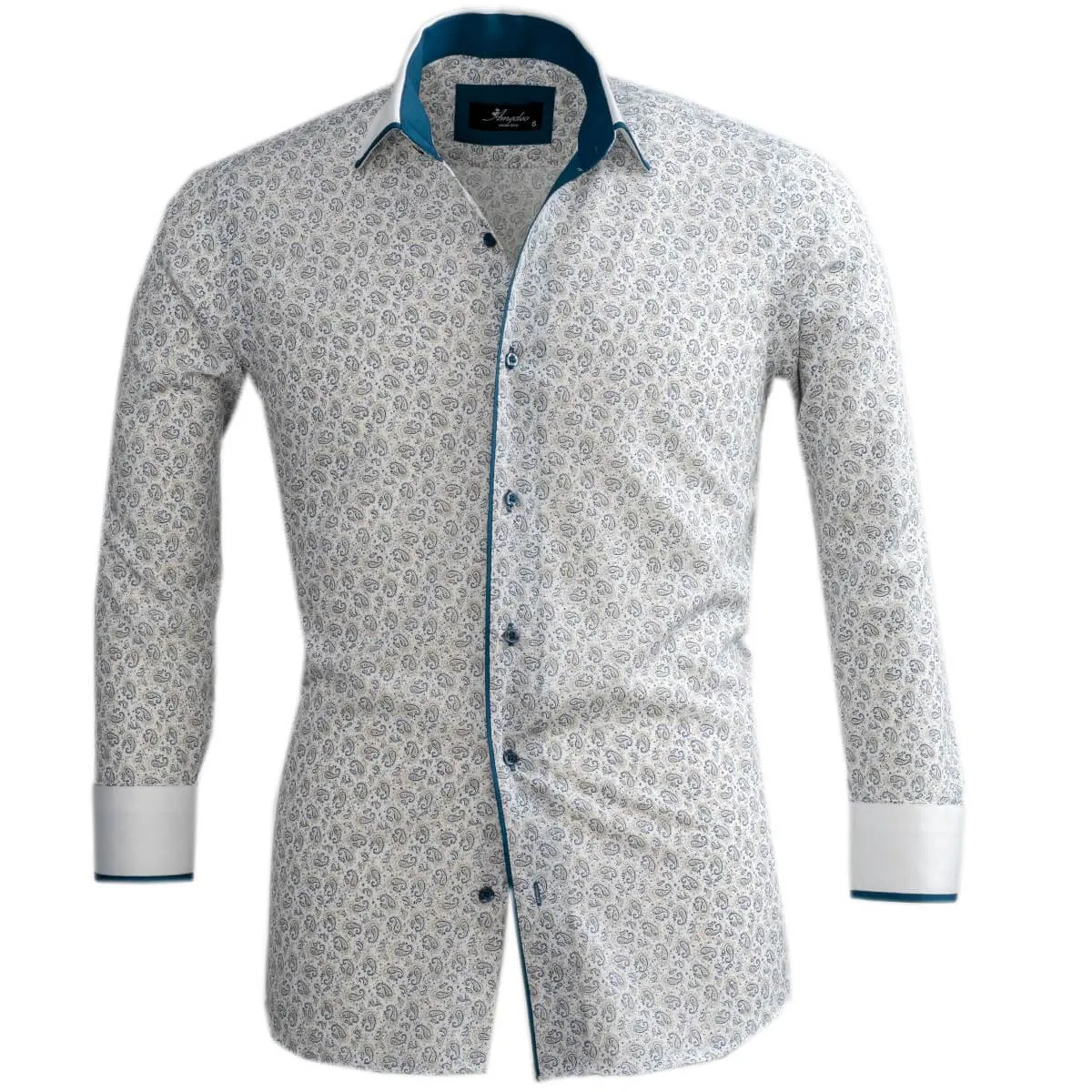 White Blue Paisley Mens Slim Fit Designer Dress Shirt - tailored Cotton Shirts for Work and Casual
