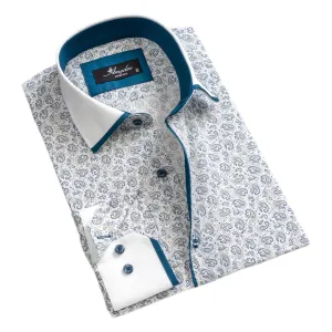 White Blue Paisley Mens Slim Fit Designer Dress Shirt - tailored Cotton Shirts for Work and Casual