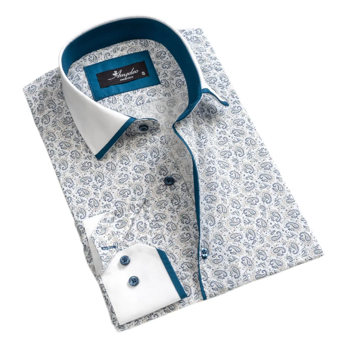 White Blue Paisley Mens Slim Fit Designer Dress Shirt - tailored Cotton Shirts for Work and Casual