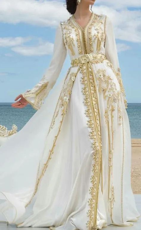 White Chiffon Luxury Evening Dresses Golden Lace