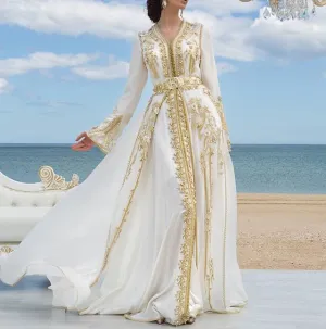 White Chiffon Luxury Evening Dresses Golden Lace