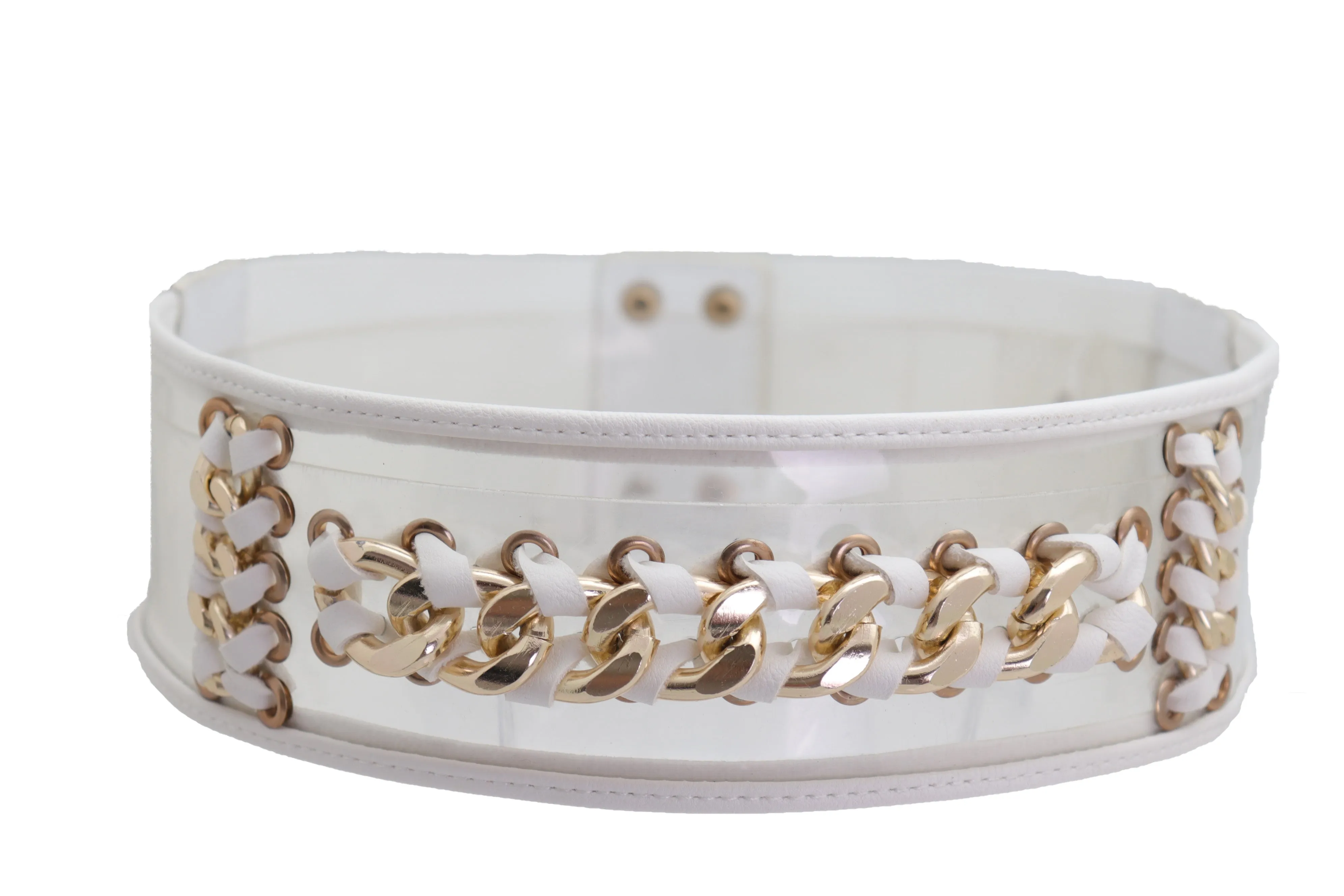 White Elastic Waistband Belt Gold Metal Chain Hip High Waist Size XS S