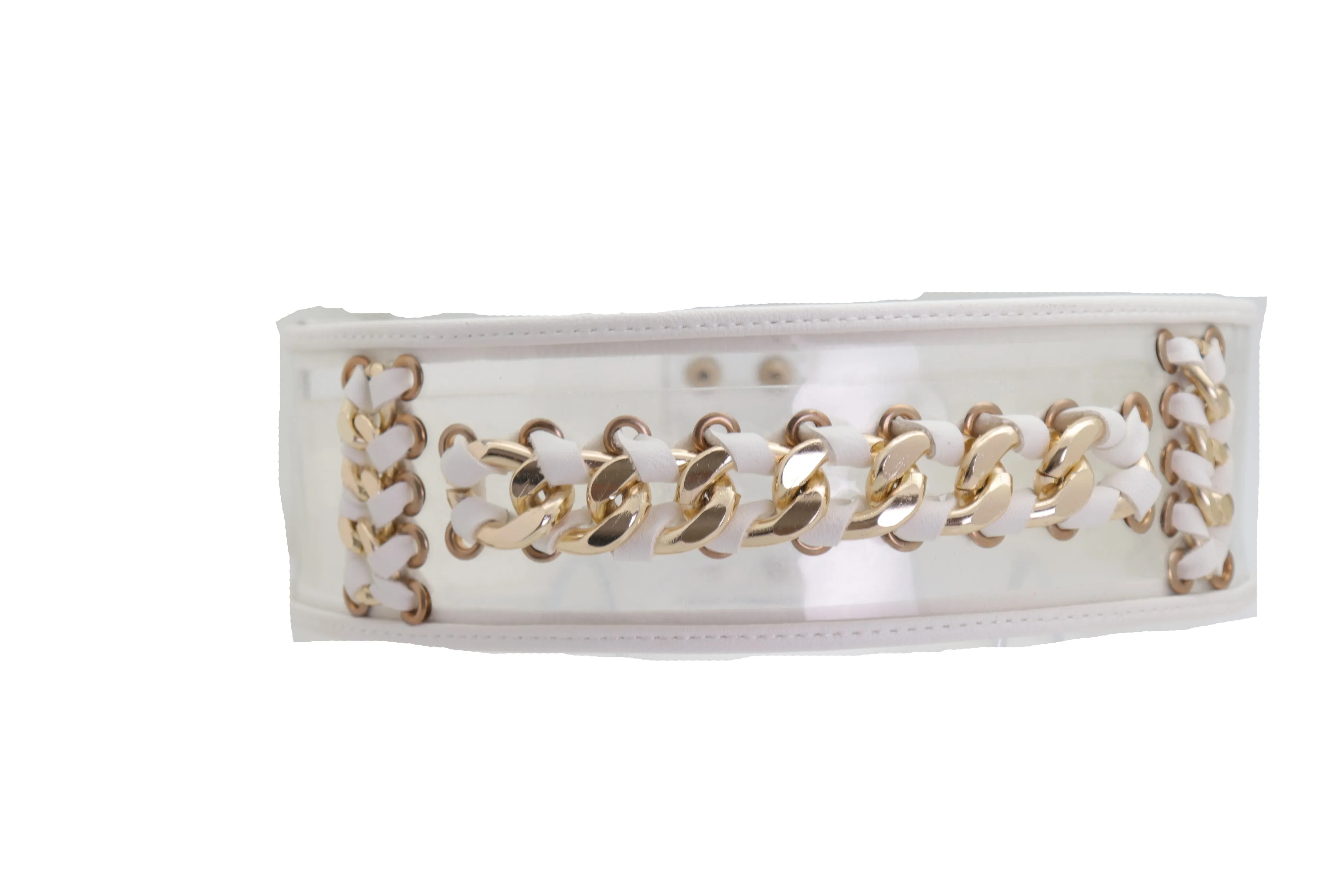 White Elastic Waistband Belt Gold Metal Chain Hip High Waist Size XS S