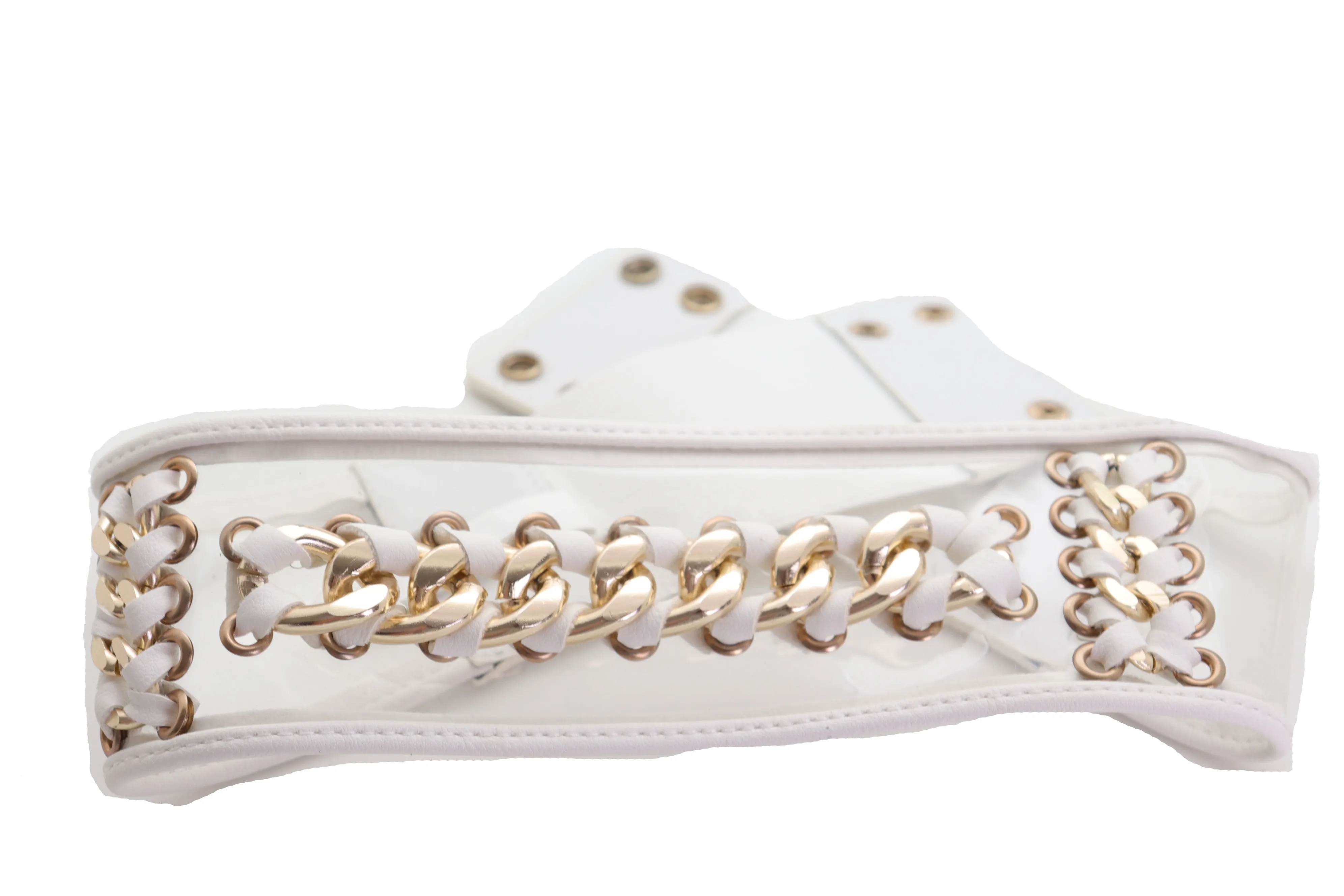 White Elastic Waistband Belt Gold Metal Chain Hip High Waist Size XS S